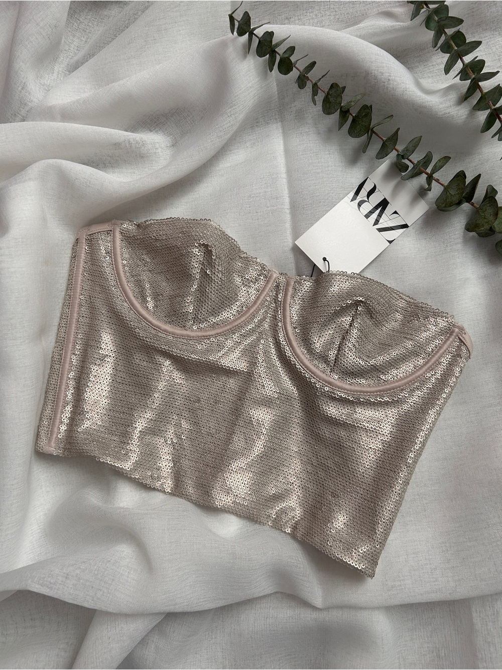 Sequin Strapless Bustier Crop Top in Shimmering Champagne